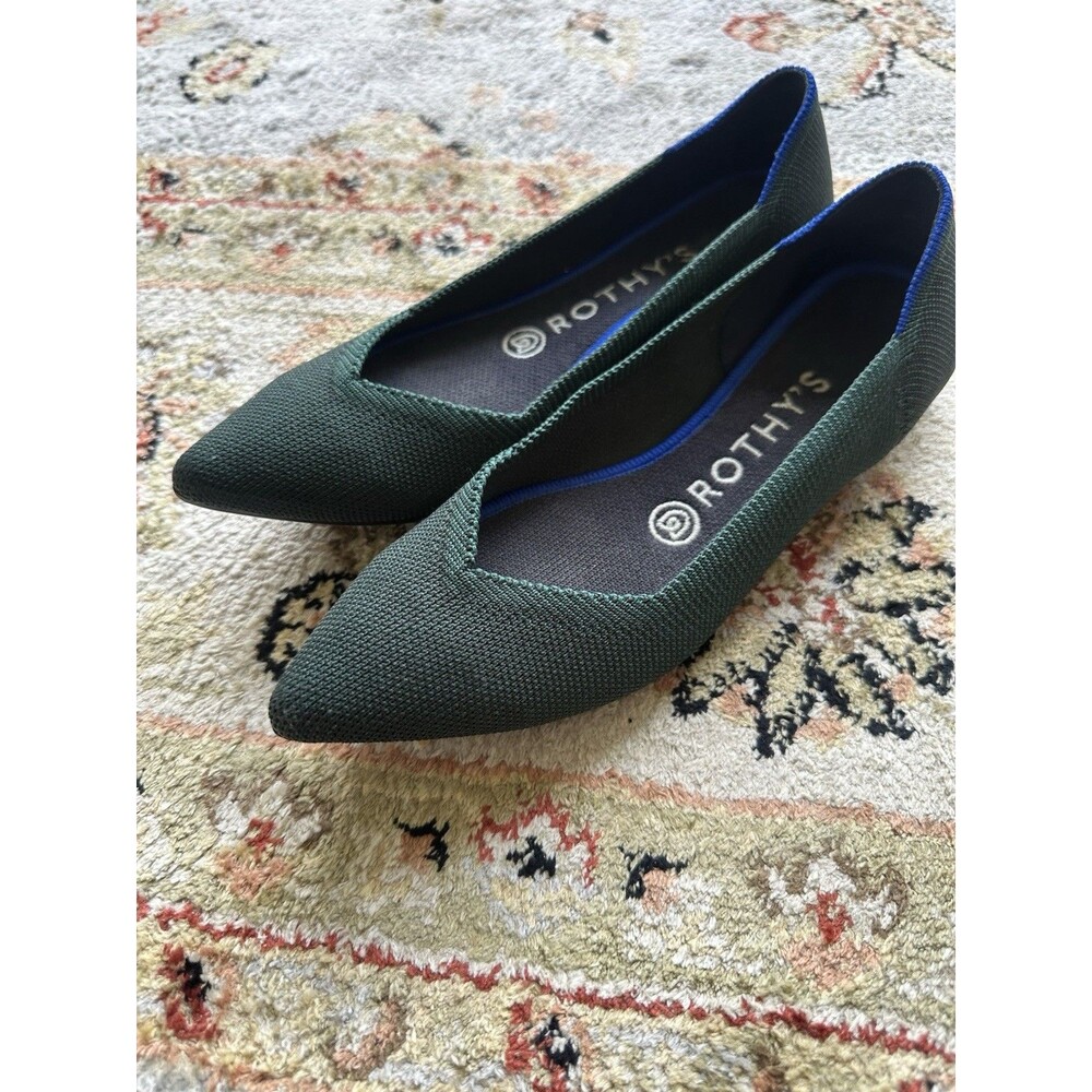 Rothy's Dark Green Pointed Toe Flats with Blue Trim